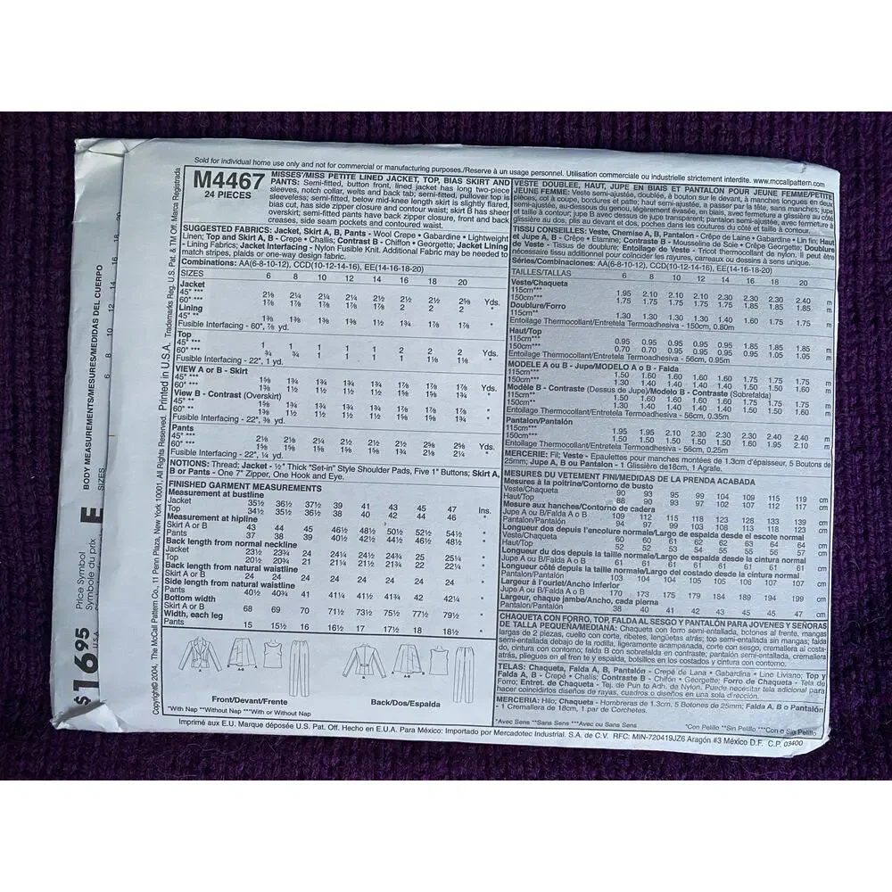 McCalls 4467 suit sewing pattern sz 6 8 10 12